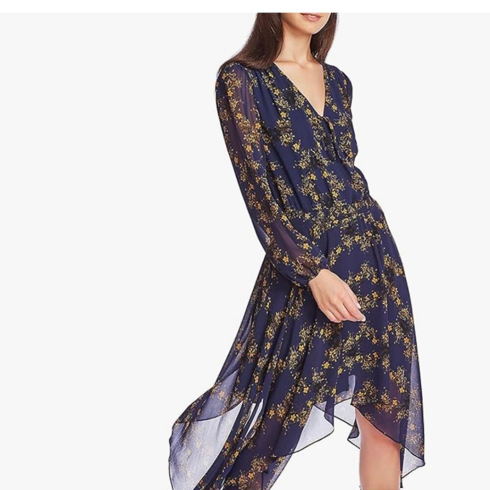 1.STATE Navy Yellow Floral Asymmetrical Midi Dress ~ size small